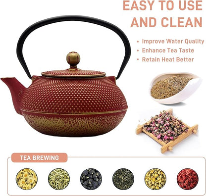Cast Iron Teapot Tea Kettle with Stainless Steel Infuser for Stovetop Safe Coated with Enameled Interior Japanese Red Tetsubin for Loose Tea(30.4oz/900ml)