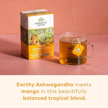 ORGANIC INDIA Calming Tulsi Ashwagandha Tea - Organic Tea Bags, Holy Basil, Vegan, USDA Certified Organic, Non-GMO, Caffeine Free - 18 Infusion Bags, 6 Pack