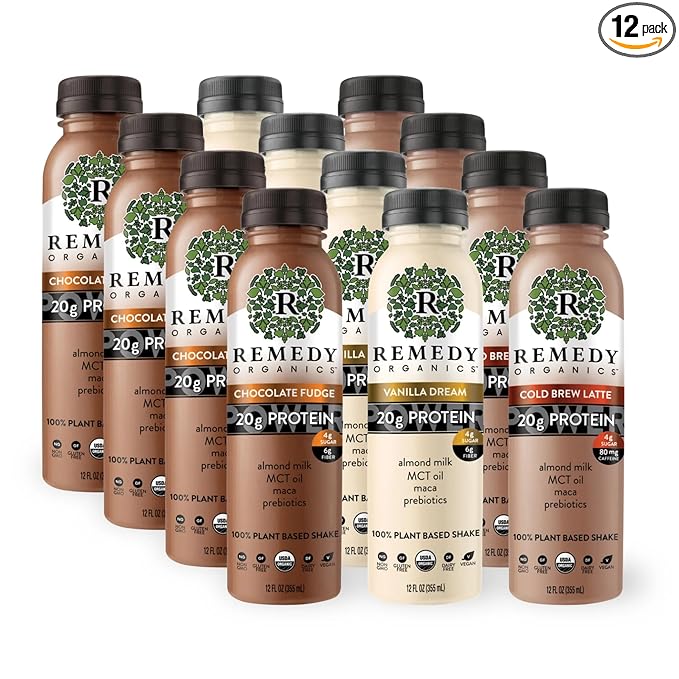 Remedy Organics Protein Power 12-Pack | Plant Based MCT Oil Protein Shakes, Ready to Drink | USDA Organic, Vegan, Gluten Free, Dairy Free, Soy Free | 4 Chocolate Fudge, 4 Cold Brew Latte, 4 Vanilla Dream