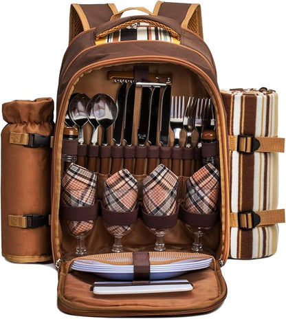 Apollo Walker Picnic Backpack Bag for 4 Person with Cooler Compartment,Wine Bag, Picnic Blanket(45"x53"),Best for Family and Lovers Gifts (Brown)