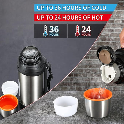 Large Thermosflask- 85oz Stainless Steel Insulated Bottle for Travel with BPA Free Cup - 2.5L Oversized Vacuum Insulated Thermoses with Handle and Strap for Hot & Cold Drinks(Silver)