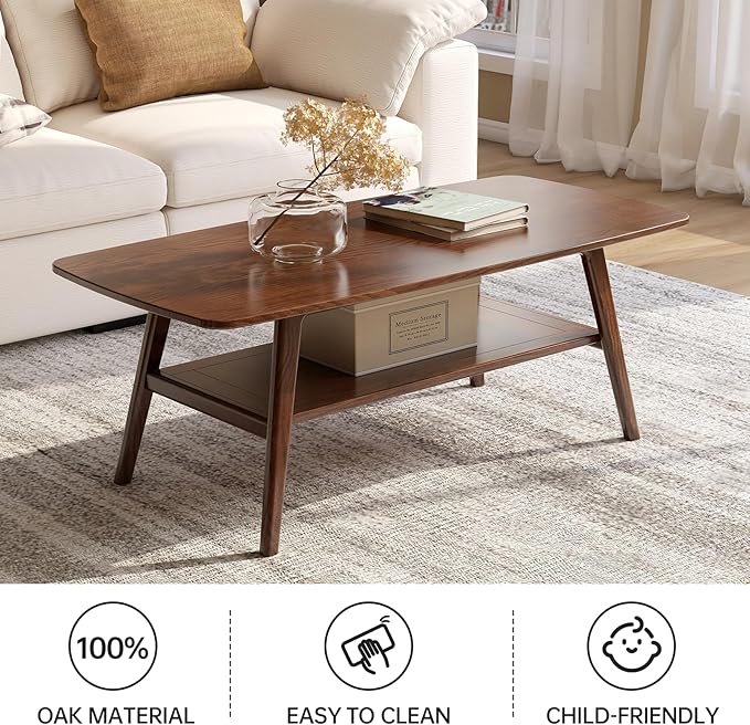 100% Solid Wood Coffee Table for Living Room, Mid Century Modern Small Tables with Shelf Storage, Storage Coffee Table with Rounded Corners (Oak Wood Walnut Color, 47.24" L)