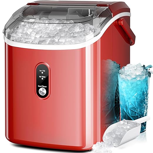 Kismile Nugget Ice Makers Countertop, Portable Sonic Ice Machine with Self-Cleaning/One-Click Operation for Home/Office(Red)