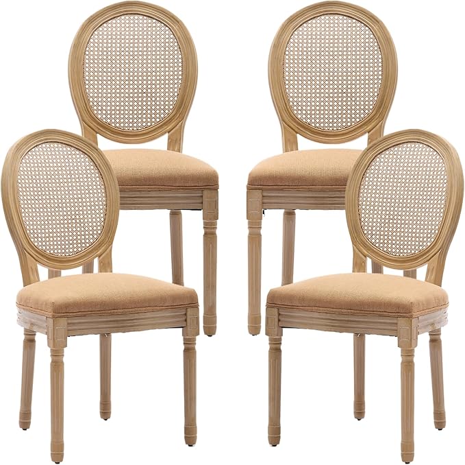 Vintage French Country Dining Chairs Set of 4, Rattan Dining Chairs with Solid Wood Legs, Ten 4 Dining Chair Set, Sillas para Comedor, Kitchen & Dining Room Chair (Amber, Rattan, 4Pcs)