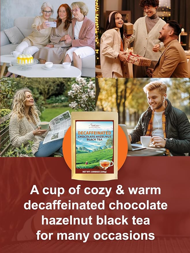 TeeLux Decaf Chocolate Hazelnut Black Tea, Decaffeinated Black Tea Flavored with Natural Chocolate & Hazelnut, Smooth & Full-Bodied, 100 Count