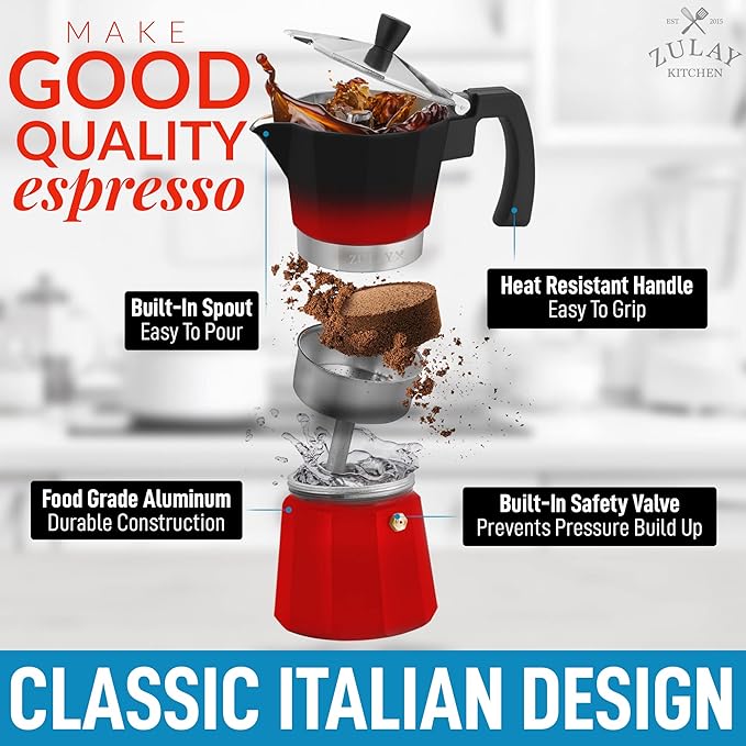 Zulay Classic Stovetop Espresso Maker for Great Flavored Strong Espresso, Classic Italian Style 3 Espresso Cup Moka Pot, Makes Delicious Coffee, Easy to Operate & Quick Cleanup Pot (Red/Black)