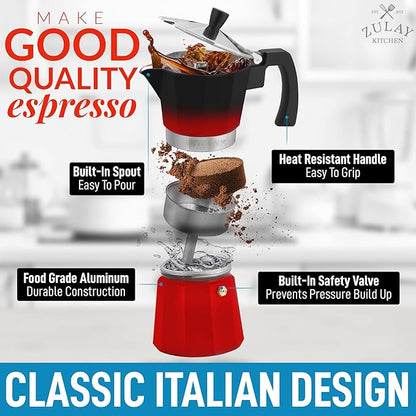 Zulay Classic Stovetop Espresso Maker for Great Flavored Strong Espresso, Classic Italian Style 3 Espresso Cup Moka Pot, Makes Delicious Coffee, Easy to Operate & Quick Cleanup Pot (Red/Black)