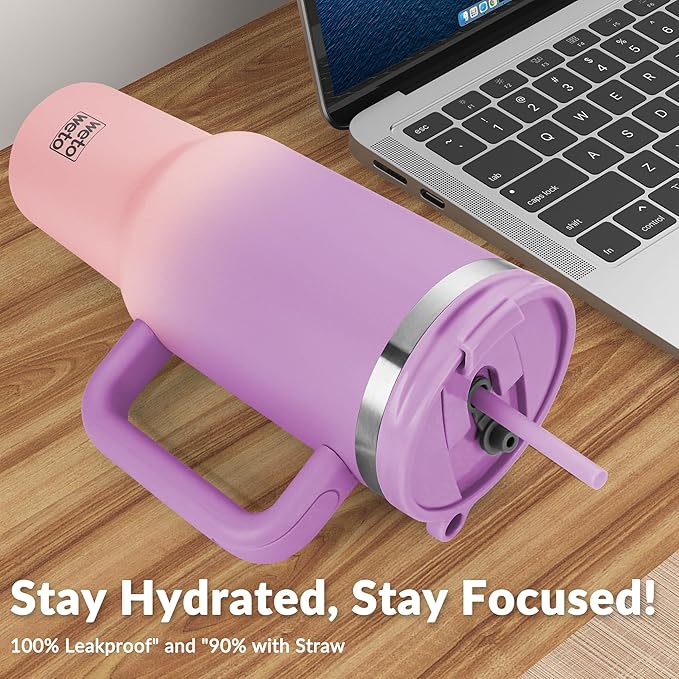 WETOWETO 40oz Tumbler with Handle | Insulated Stainless Steel Travel Mug | 34Hrs Cold & 10Hrs Hot Retention | 100% Leakproof Lid & Straw | Dishwasher Safe + Car Cup Holder Fit (Purple-Pink Gradient)