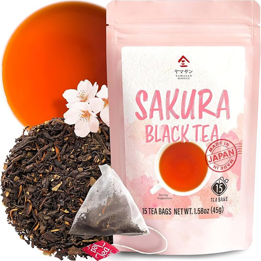 YAMASAN KYOTO UJI Sakura Japanese Loose Leaf Black Tea Bag 3g×15bags,Cherry Blossom Flavored Tea, Blended with cherry leaves