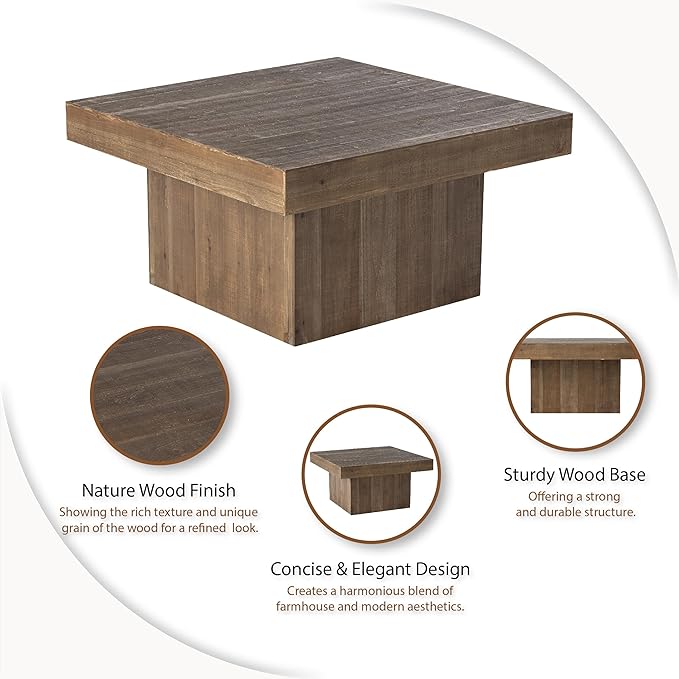 Modern Farmhouse Wood Block Coffee Table, Rustic Square Table Chunk Table with Cubic Base for Family, Living Room, Lounge, Nature Wood Finish, Sturdy, Distressed, Rectangle