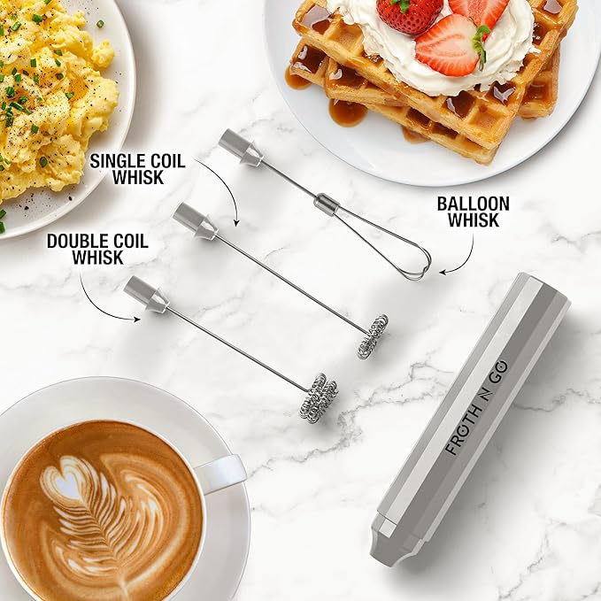 Zulay Froth N Go Milk Frother Rechargeable - 3-in-1 Frother Wand With Case & USB-C Charger - Comes With 3 Whisk Attachments for Latte, Cappuccino, Matcha, Protein Shakes - Silver