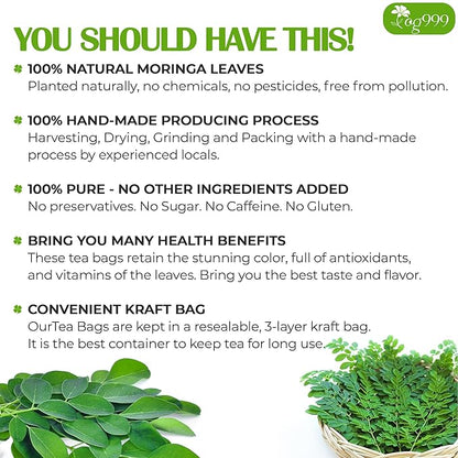 TOG999, Premium 30 Moringa Leaf Tea Bags, 100% Natural & Pure from Moringa Leaves. Loose Leaf Moringa Herbal Tea. Moringa Leaf Tea. No Sugar, No Caffeine, No Gluten, Vegan.