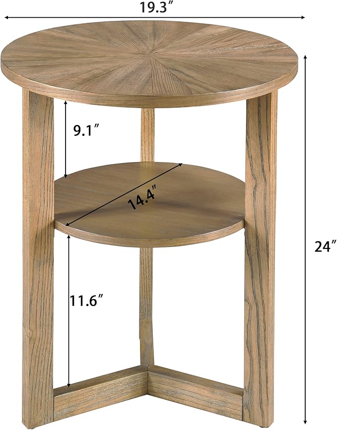 PADMA HOUSE 19.3" Round Wood End Table, 2-Tier Solid Wood Rounded Accent Side Table Circle Nightstand Table with Storage Shelf Vintage Furniture for Home Living Room Bedroom,Rustic Natural 3338