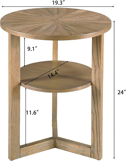 PADMA HOUSE 19.3" Round Wood End Table, 2-Tier Solid Wood Rounded Accent Side Table Circle Nightstand Table with Storage Shelf Vintage Furniture for Home Living Room Bedroom,Rustic Natural 3338