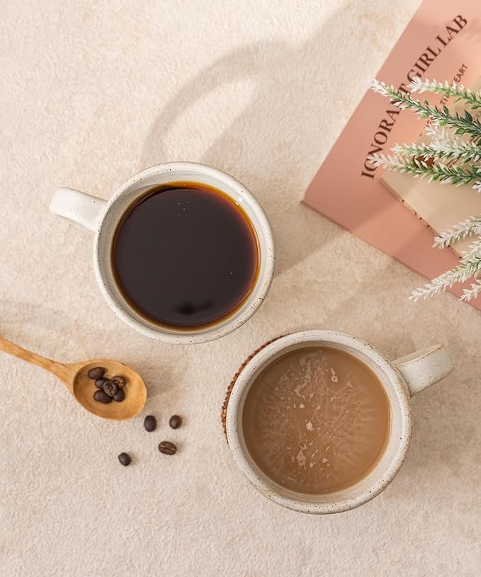 Stoneware Mug Set of 4-14oz Ceramic Coffee Mugs & Tea Cups with Handle - Perfect for Hot & Iced Drinks - Microwave & Dishwasher Safe - Rustic Minimalist Style - Oatmeal Cream - Ideal Gift