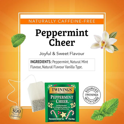 Twinings Peppermint Cheer Herbal Tea Individually Wrapped Bags, 20 Count (Pack of 1), Peppermint & Vanilla, Naturally Caffeine-Free, Enjoy Hot or Iced, 20 Teabags