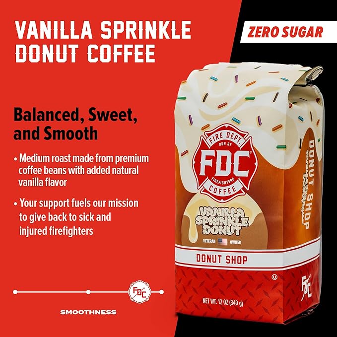 Fire Department Coffee - Gives Back to Firefighters - Vanilla Sprinkle Donut Ground Coffee - Medium Roast - Roasted in the USA - Veteran Owned - 12 oz