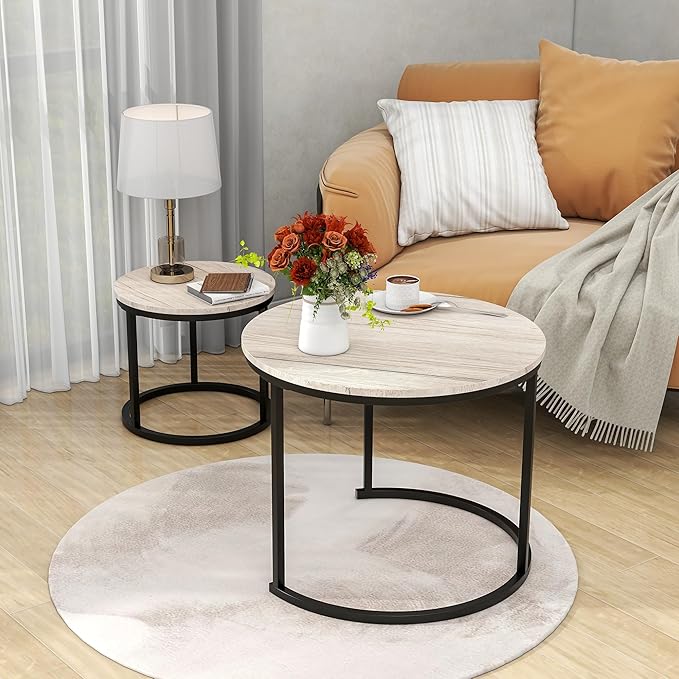 Round Coffee Table Set of 2 for Living Room,Black Small Coffee Table Living Room Table,Nesting Tables Metal Frame/Wood,Sturdy and Easy Assembly,Stacking Side Tables Bedroom,White Oak