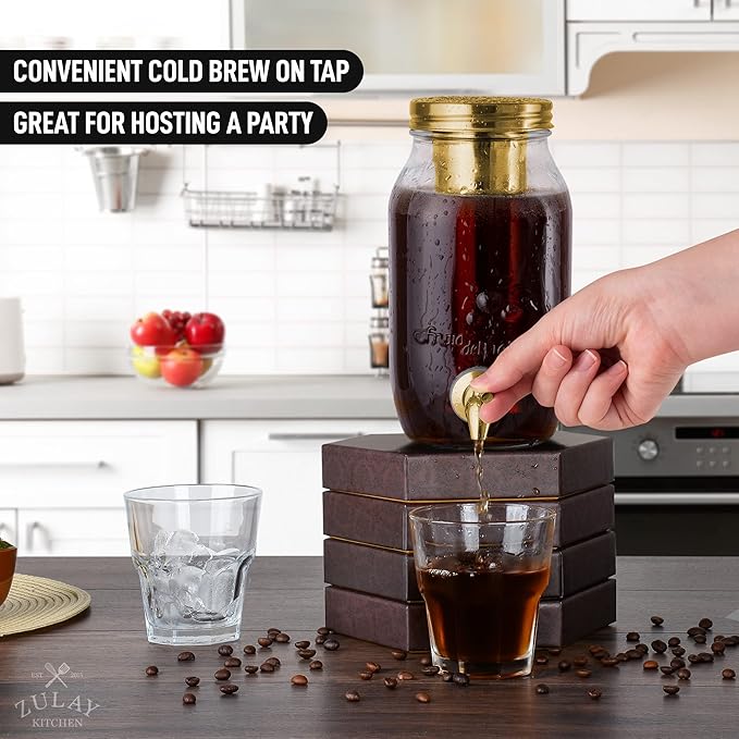 Zulay Kitchen 1.5 Liter Cold Brew Coffee Maker with EXTRA-THICK Glass Carafe & Stainless Steel Mesh Filter - Premium Iced Coffee Maker, Cold Brew Pitcher & Tea Infuser (Gold)