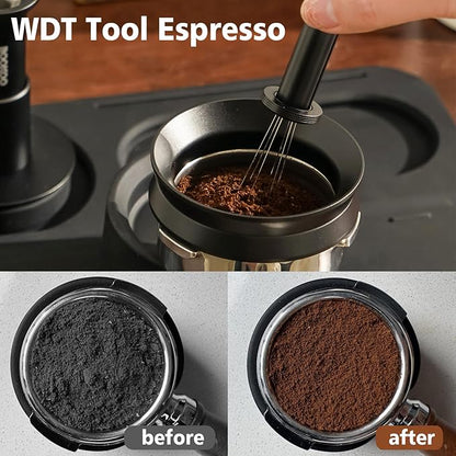 BOOKOO 3-in-1 Espresso Tamper 58.5mm Espresso Distribution Tool Magnetic Dosing Funnel with Spring Loaded Sound Feedback 304 Stainless Steel WDT Tool Espresso Stirrer Needle Coffee Tamper Set