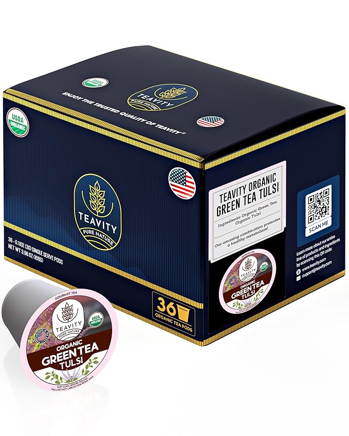 Organic Tulsi Tea Pods with Unsweetened Caffeinated Green Tea Pods for Keurig - Tulsi Green Tea by Teavity (36 Tea Pods)