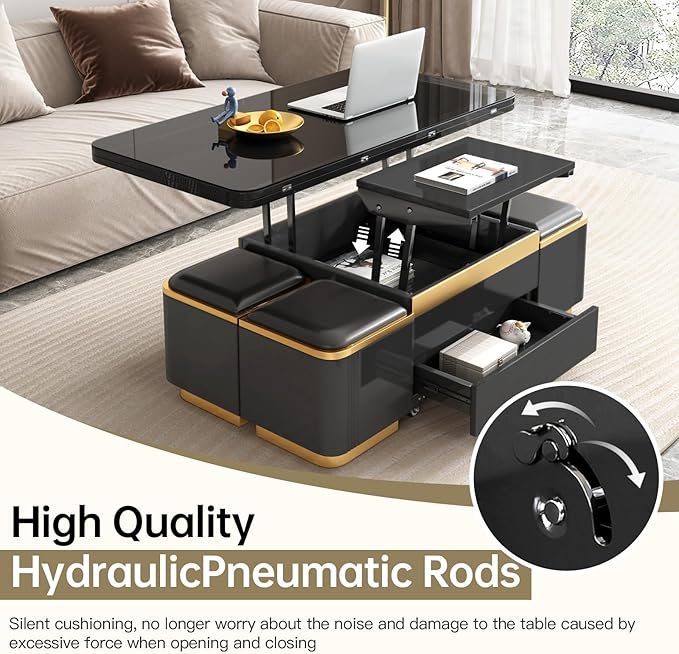 Multifunctional Lift Top Coffee Table, Extendable Coffee Table with 4 Storage Stools, Space Saving Folding Dining Table for Living Room, Office, Small Space