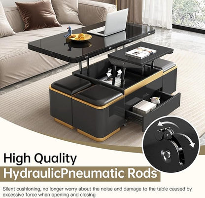Multifunctional Lift Top Coffee Table, Extendable Coffee Table with 4 Storage Stools, Space Saving Folding Dining Table for Living Room, Office, Small Space