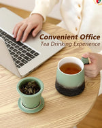 Load image into Gallery viewer, ZENS Tea Mug with Infuser and Lid for Loose Leaf Tea Steeper, 16.9 oz Embossed Ceramic Tea Cup with Fine Strainersand Wood Handle, Diffusers Accessories for Tea Lovers Gifts