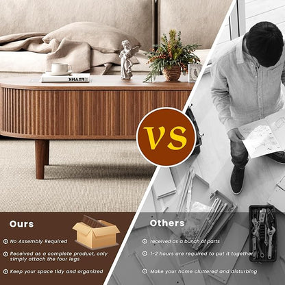 BREEZEHEAT Fluted Lift Top Coffee Table, 39" Mid Century Modern Coffee Table, Hidden Compartment & Fully Assembled Centre Table Oval Lift Tabletop for Living Room, Small Space, Home Office, Walnut