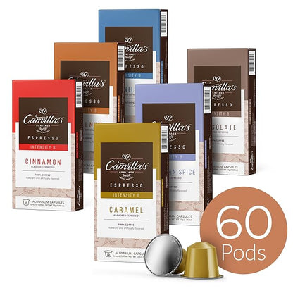 Camilla’s Heritage - Intensity 8 Flavored Espresso Coffee Variety Pack (Caribbean Spice, Cinnamon, Hazelnut, Chocolate, Caramel & Vanilla Espresso Cups) 60 Coffee Pods