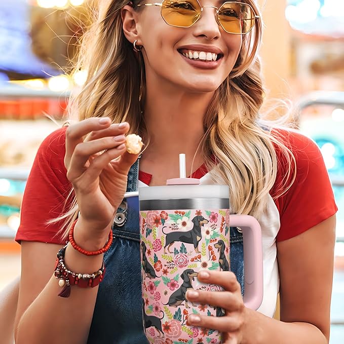 Dachshund Gifts for Women and Dachshund Lovers - 30 Oz Insulated Dachshund Coffee Water Tumbler with Handle and Straw - Dachshund Coffee Mug - Dachshund Drinking Cup Women