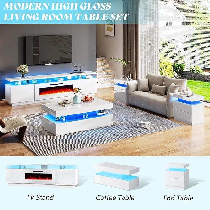 AMERLIFE High Gloss LED Coffee Table, Modern 2-Tier Center Table with LED Lights, Open Storage Space, 40in Simple Rectangular Sofa Side Table for Living Room, White
