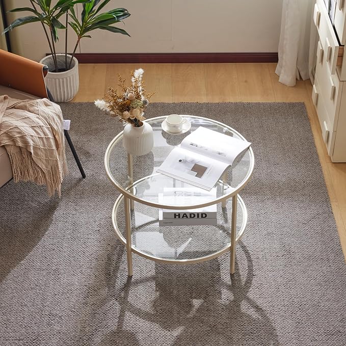 VINGLI Glass Coffee Table, 25.6" Round Coffee Table, Transparent Glass Coffee Tables for Living Room, 2-Tier Coffee Table with Storage, Modern Center Table with a Beige Frame, Mesa de Centro Para Sala