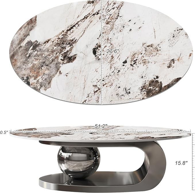 Marble Grain Coffee Table with Silver Stainless Steel Pedestal,Modern Coffee Tables,Oval Living Room Table with Faux Marble Top & Luxury Legs,Sintered Stone Cocktail Center Table,51.20inch