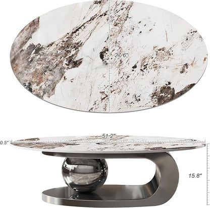 Marble Grain Coffee Table with Silver Stainless Steel Pedestal,Modern Coffee Tables,Oval Living Room Table with Faux Marble Top & Luxury Legs,Sintered Stone Cocktail Center Table,51.20inch