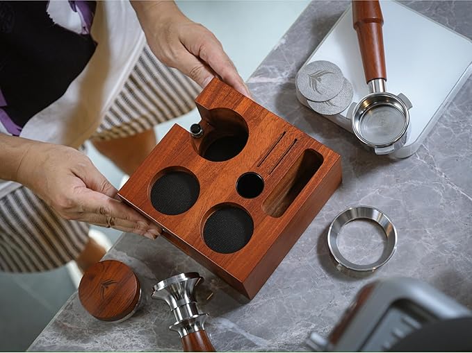 58mm Espresso Accessories Organizer Premium Rosewood Espresso Tamping Station Coffee Tool Stand for Tamper, Portafilter, Funnel, WDT, RDT Bottle Barista Espresso Setup Kit Box
