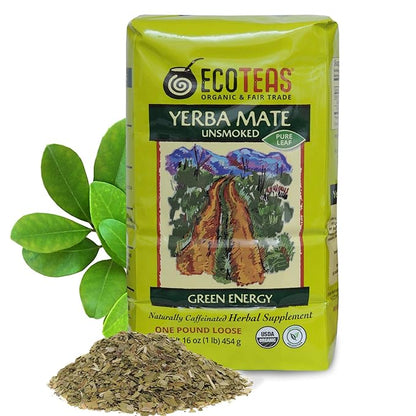 ECOTEAS Organic Yerba Mate Loose Leaf Tea – Natural Energy & Detox Herbal Tea – Coffee Alternative - Kosher, Non-GMO, Gluten-Free - Unsmoked Pure Leaf from Argentina, 1 lb (Pack of 1)