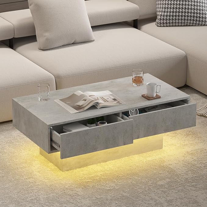 Grey Coffee Table with Storage, Rectangular Center Table for Living Room, Modern High Glossy Farmhouse Grey Coffee Table with 16 Colors LED Lights, Wooden Living Room Table, Pullout Storage