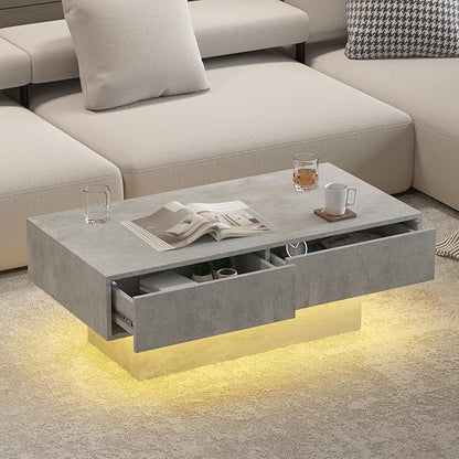 Grey Coffee Table with Storage, Rectangular Center Table for Living Room, Modern High Glossy Farmhouse Grey Coffee Table with 16 Colors LED Lights, Wooden Living Room Table, Pullout Storage