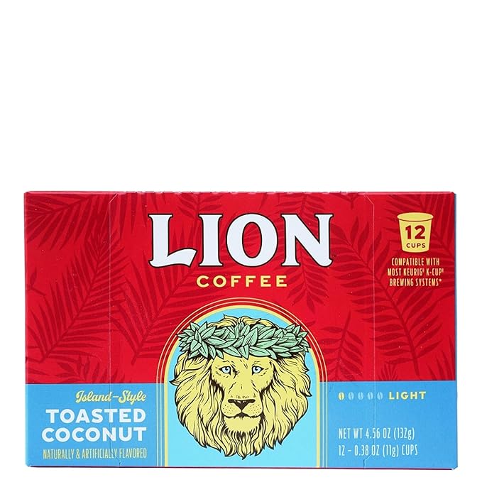 Lion Coffee Toasted Coconut Flavored Medium Roast Coffee Pods - Single-Serve Pods - Hawaiian Inspired Flavor - Arabica Coffee - Compatible with Single-Serve Brewing Systems - 12 Count Box