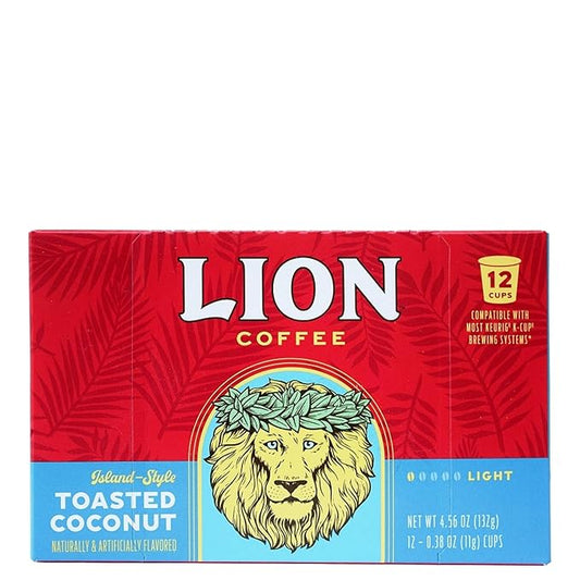 Lion Coffee Toasted Coconut Flavored Medium Roast Coffee Pods - Single-Serve Pods - Hawaiian Inspired Flavor - Arabica Coffee - Compatible with Single-Serve Brewing Systems - 12 Count Box