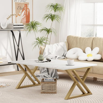 Coffee Table Living Room Table White Center Table, Simple Modern Faux Marble Rectangular Tea Tables with Sturdy Gold Metal Frame,Industrial Wooden Coffee Table for Bedroom Home Office
