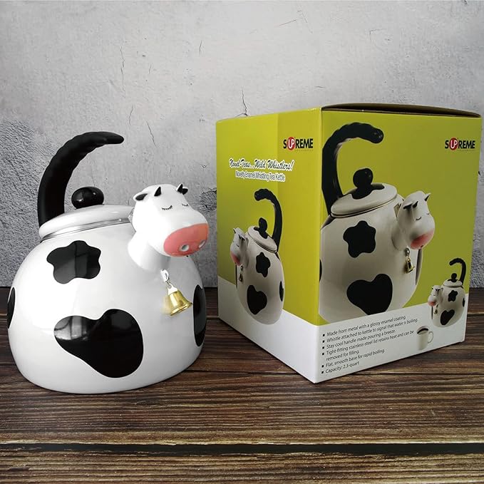 UPware Cow Enamel on Steel Whistling Tea Kettle, Cute Animal Teakettle, 2.3 Quart