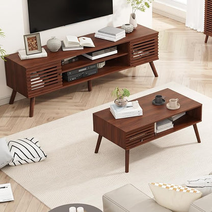 Coffee Table, Mid Century Modern Table with Storage, Living Room Center Table with Slatted Panel Drawer, Fluted Wood Coffee Table with Open Shelf for Living Room, Walnut