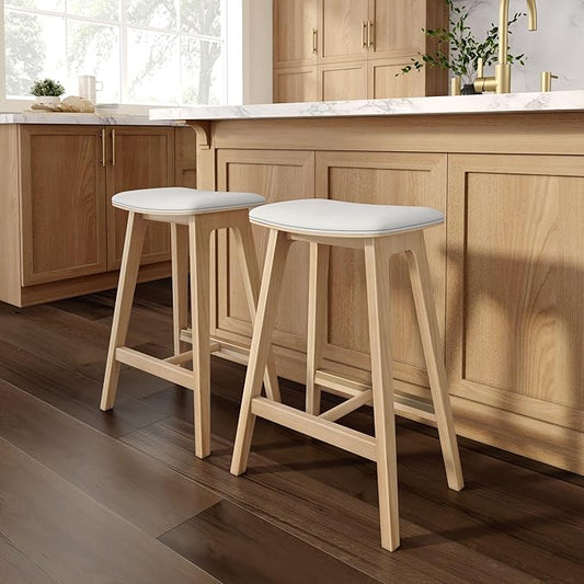 Plank+Beam Beryl Counter Height Stool - Mid-Century Modern Rubberwood Bar Stool with Faux Leather Seat, Metal Footrest, Easy Assembly, 2-Pack, Blonde/Sesame