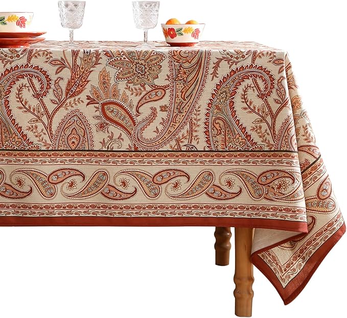 Designer French Red Table Cloth for Rectangle Table,Fall Linen Tablecloth with Cashew Pattern,Stain Proof Decor Tablecloths for Dining Thanksgiving Kitchen,55"*87"-Chauffrey D