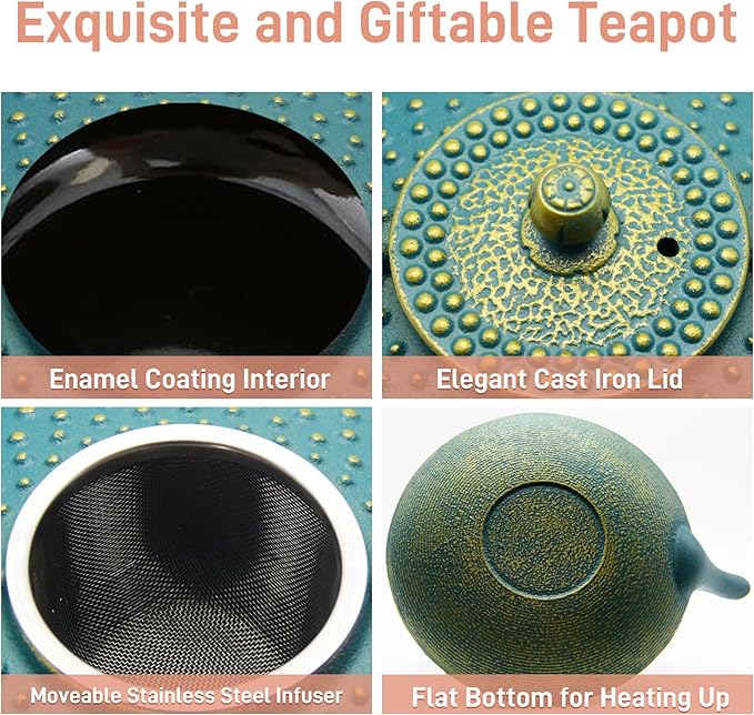 27.1oz Small Cast Iron Teapot,SECHUDO Tea Kettle Coated with Enameled Interior for Stovetop Safe, Japanese Style Cast Iron Teapot with Stainless Steel Infuser for Loose Tea,Flat Pattern(800ml)