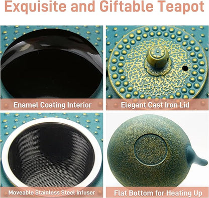 27.1oz Small Cast Iron Teapot,SECHUDO Tea Kettle Coated with Enameled Interior for Stovetop Safe, Japanese Style Cast Iron Teapot with Stainless Steel Infuser for Loose Tea,Flat Pattern(800ml)