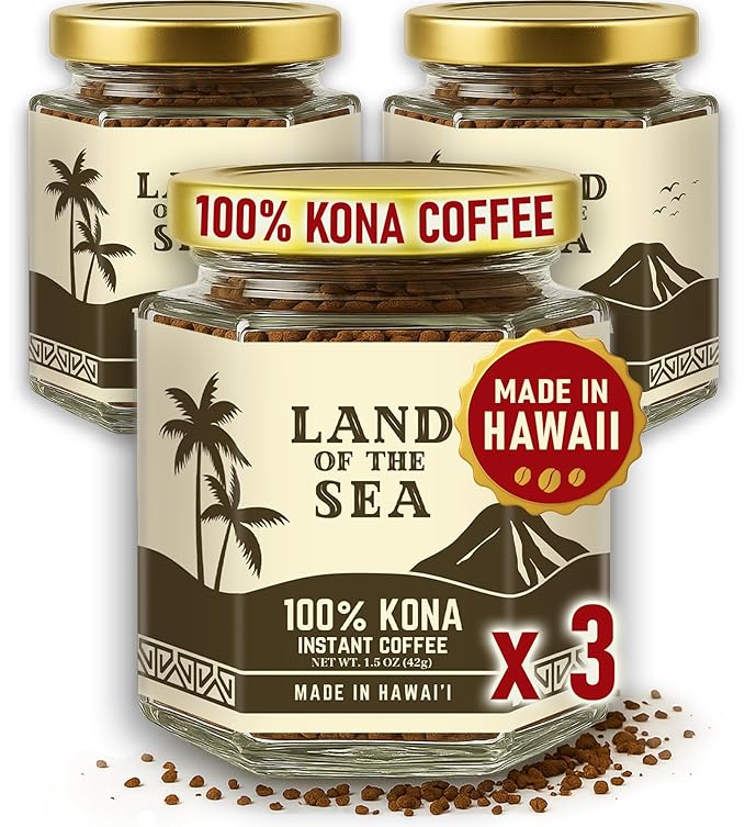 KONA COFFEE 100% - Freeze Dried Instant Coffee - Low Acid Coffee - Medium Roast Hawaiian Coffee - Crafted from Arabica Beans, 1.5oz (3 Pack)