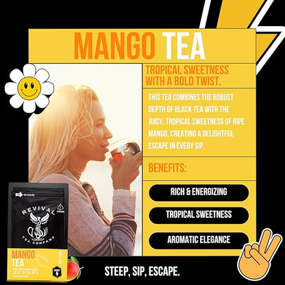 Revival Tea Company Mango Tea - Black Tea Blend with Real Mango Pieces and Flavor - 24 Tea Bags